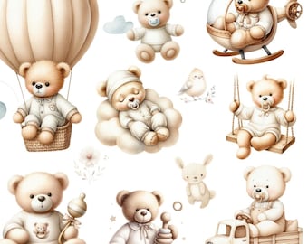 57 Watercolor neutral teddy bear transparent background, Neutral teddy bear PNG, Gender neutral bear clipart, Teddy bear digital download