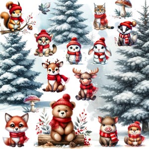 23 animali ad acquerello con sciarpa e cappello PNG, sfondo trasparente, clipart di animali invernali, illustrazione di animali carini, download digitale