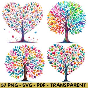 57 Aquarell mehrfarbige Bäume Clipart - hohe Auflösung - PNG, SVG, PDF, vollfarbige Aquarell Herzform Bäume