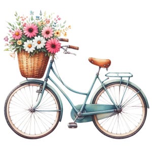 バスケットに花が入った水彩画自転車イラスト 12 点、高解像度 PNG ファイル、4000x4000 ピクセル、透明な背景、自転車アート