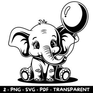 2 Elefante vettoriale in bianco e nero con palloncini / PNG SVG PDF / Download digitale / Sfondo trasparente