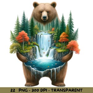 22 Clipart orso della foresta ad acquerello, Orso realistico con arte a cascata, Clipart orso della foresta ad acquerello, PNG orso della foresta, Clipart orso grizzly