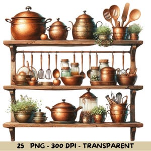9 Rustic Kitchen Shelf Clipart | Watercolor Vintage Decor | PNG Transparent