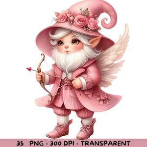 35 Pink Cupid Gnomes PNG, Valentine Watercolor Clipart, Luxury Gnome Design