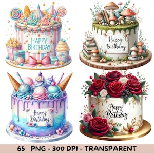 Clipart de gâteau d'anniversaire aquarelle - PNG de gâteau de luxe, gâteau de fête numérique, clipart joyeux anniversaire