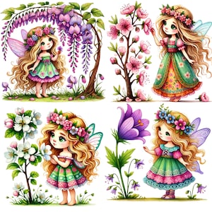 33 Watercolor Spring Fairies, Digital Download PNG, Transparent Background, High-Resolution 4000x4000, Perfect for Crafts, Cards, Home Decor