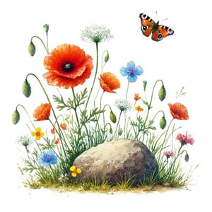 20 coquelicots aquarelle sur rocher | 4 000 x 4 000 PNG | Clipart floral, fond transparent