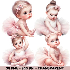 34 Watercolor Realistic Baby Girl Ballerina PNG | Ballet Clipart Bundle for Nursery Wall Art, Invitations, Baby Shower Decor