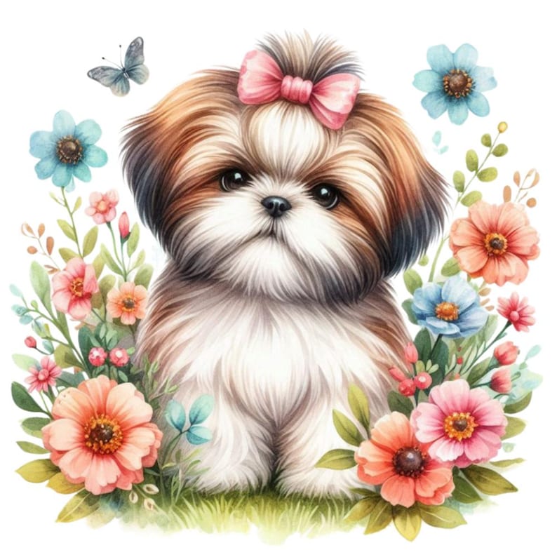 27 cliparts aquarelle chien shih tzu avec fleurs - PNG sur fond transparent pour scrapbooking et loisirs créatifs - chien floral. image 1