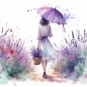 18 Aquarell Splash Style Mädchen im Lavendelfeld | Lavendel Clipart | PNG 4000x4000px, weißer Hintergrund (NICHT transparent)