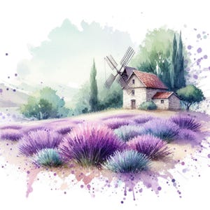 16 Lavendelfeld im Aquarell Splash Style mit alter Mühle & Bäumen | Künstlerische Clipart | 4000x4000px