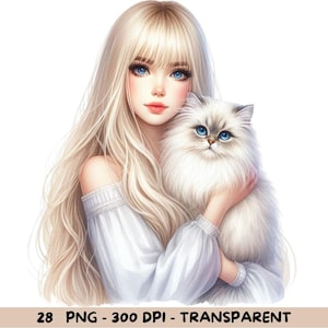 28 Femme blonde avec un chat blanc – Aquarelle PNG