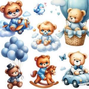 73 Watercolor Blue Teddy bear boy in blue, Birthday bear clipart, Blue bear digital art, Bear boy PNG for birthday, transparent background