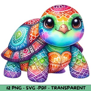 12 Watercolor Multicolor Turtles Clipart, PNG SVG PDF, Transparent Background