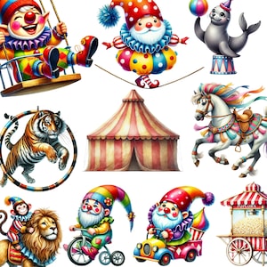47 aquarel circusclipart met kabouters en dieren, transparante achtergrond, png