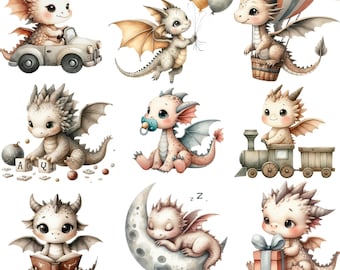 Watercolor Baby Dragon Clipart | 36 PNG SVG PDF | Neutral Fantasy Digital Download