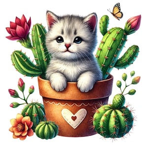 16 Cactus acquerello con gattino, sfondo trasparente, file png 4000 x 4000 pixel