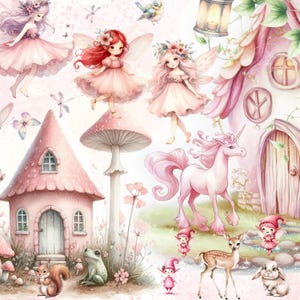 75 akwarelowych wróżek clipart – różowa wróżka, domek ogrodowy wróżek, grzyby, jednorożec, jeleń, króliczek i magiczne leśne stworzenia, domek wróżek