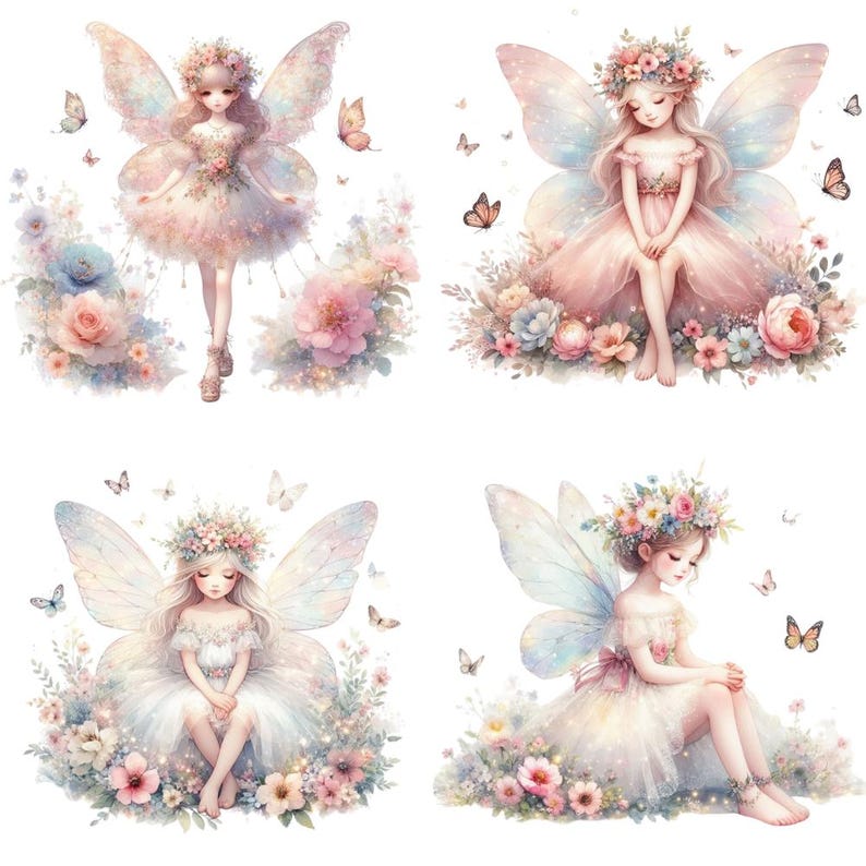 Watercolor Fairy Girl Clipart Bundle: Pastel Nursery Art (PNG, Digital ...