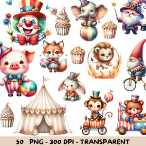 50 Cliparts de Circo em Aquarela – PNG, Animais e Palhaços Gnomos