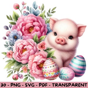 30 Osterschweinchen mit Ostereiern & Blumen in Aquarell | Transparenter Hintergrund