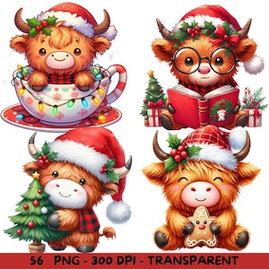 56  Kawaii Watercolor Christmas Highland Cow Clipart, Transparent Background,