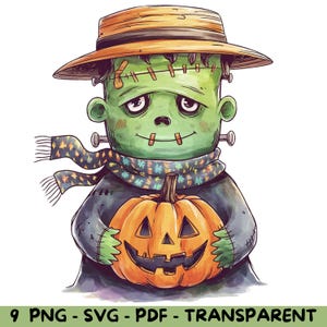 9 Watercolor Boho Frankenstein Halloween with Orange Pumpkin | PNG, SVG, PDF | High-Resolution | Commercial Use