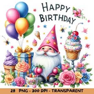 28 Happy Birthday kabouter clipartset, aquarel png, transparante achtergrond