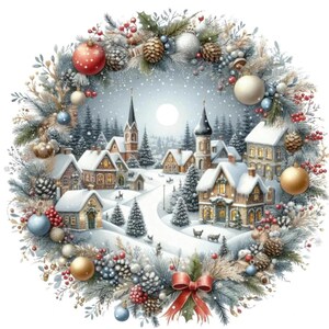 47 Watercolor Christmas Village Round The Winter Scene, Transparent Background, High-Resolution PNG, Commercial Use