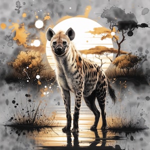 12 Watercolor Hyena Art PNG, Watercolor & Ink Painting, Hyper Realistic Abstract Hyena, Savannah Sunset, 12 High-Quality PNG, Animal Art
