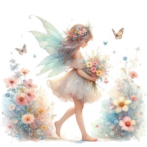 Lot de 35 cliparts aquarelle fée fille, bébé fée PNG, art féerique pastel, art mural chambre d'enfant, PNG transparent, téléchargement immédiat