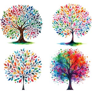 50 Alberi multicolori ad acquerello, PNG albero, SVG, clipart PDF, clipart albero trasparente, clipart albero digitale, arte ispirata alla natura