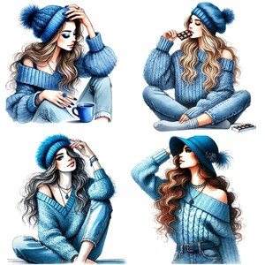30 aquarelle jeune femme en pull bleu et bonnet, fond Transparent, PNG 4000 x 4000, art de la mode décontractée, clipart tenue d'hiver