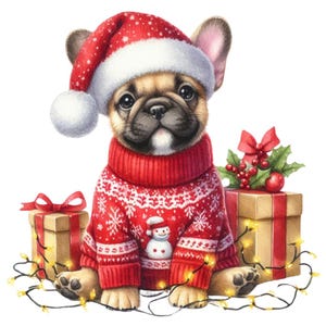 28 Watercolor Christmas French Bulldog Clipart