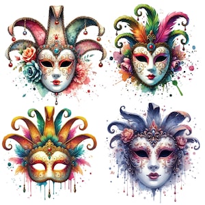 50 aquarel Venetië maskers clipart | Venetiaanse maskerkunst | Hoge resolutie png, 4000 x 4000 pixels, transparante achtergrond