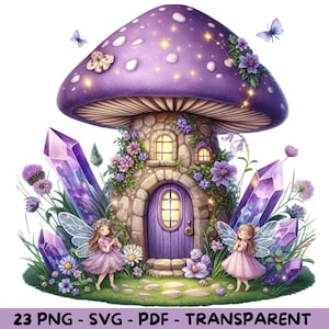 23 Watercolor Amethyst Fairy Houses Clipart, High-Resolution PNG Files with Transparent Background