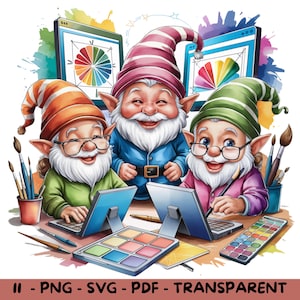 11 Watercolor Gnomes Clipart | 11 Gnomes Working on Computer | Transparent PNG, SVG, PDF