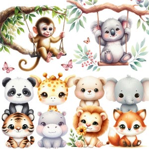 51 Clipart di animali da safari carini ad acquerello - Animali della giungla Png - Clipart per bambini - Clipart di compleanno - Sublimazione - Licenza commerciale