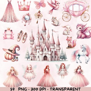 59 Aquarell Prinzessin Clipart, rosa Kleid Prinzessin, Fee, Kutsche, Einhorn, Froschkönig, Schloss, digitaler Download, Prinzessin Print