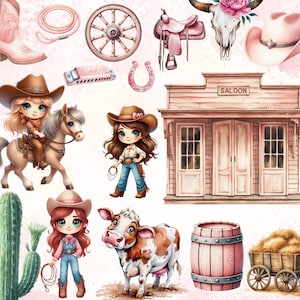 51 Cute Watercolor Cowgirl Clipart – Baby Girl Wild West Art, Cowgirl Boots & Western Baby Shower Bundle, Wild West, Western, transparent