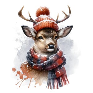 19 animali della foresta invernale ad acquerello con cappello e sciarpa, sfondo trasparente, PNG 4000x4000