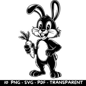 10 Vector Cute Bunny with Carrot | Cartoon Style | White and Black | Commercial Use.