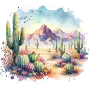 20 Clipart aquarelle de cactus dans le désert | Ensemble PNG peint à la main | Art imprimable du désert