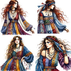 14 Clipart di donna boho scandinava ad acquerello, gioielli eclettici, sfondo trasparente, PNG 4000x4000, illustrazione di moda, arredamento boho