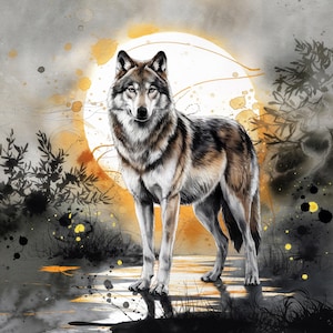 12 acquerello lupo arte PNG, acquerello e pittura a inchiostro, lupo astratto iperrealistico, tramonto nella foresta, 12 PNG di alta qualità, arte animale