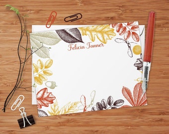 Vintage Autumn Illustrations - Set of 8 CUSTOM Personalized Flat Note Cards/ Stationery