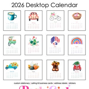 May include: 2026 desktop calendar with watercolor illustrations for each month. Includes images of a coffee cup, car, bicycle, nest, scooter, cactus, peace sign, rainbow, truck, pumpkins, boots, and car with a Christmas tree.