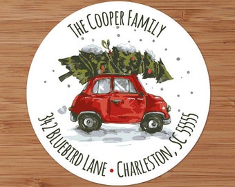 Christmas Tree on Red Car - CUSTOM Christmas Address Labels or Stickers