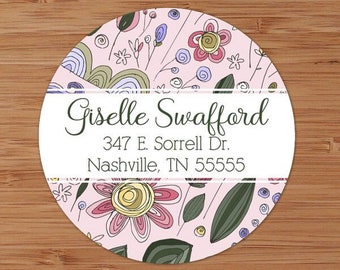 Pink Flower Doodles - Custom Personalized Address Labels or Stickers