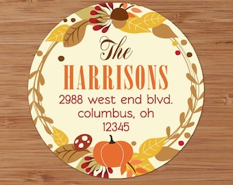 Fall Pumpkin Floral Wreath - Custom Address Labels or Stickers